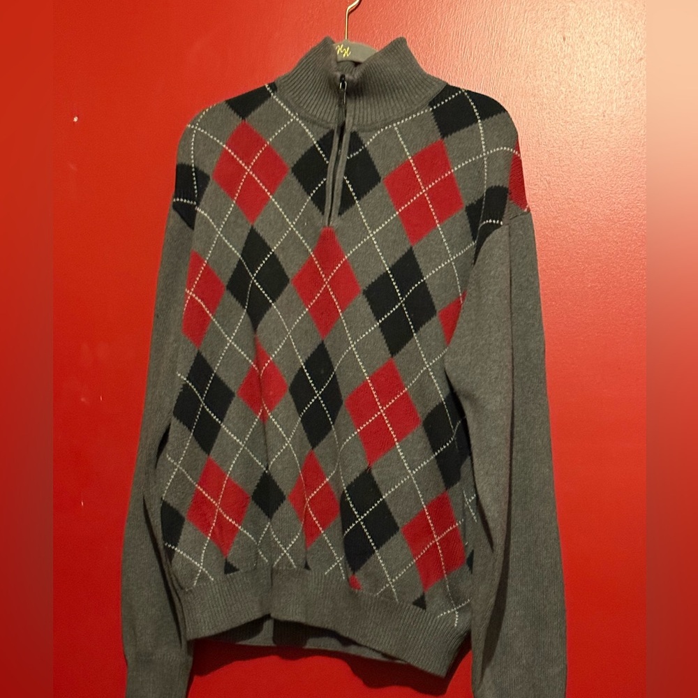 Vintage Nautica Men's Zip-Up Gray Argyle Sweater